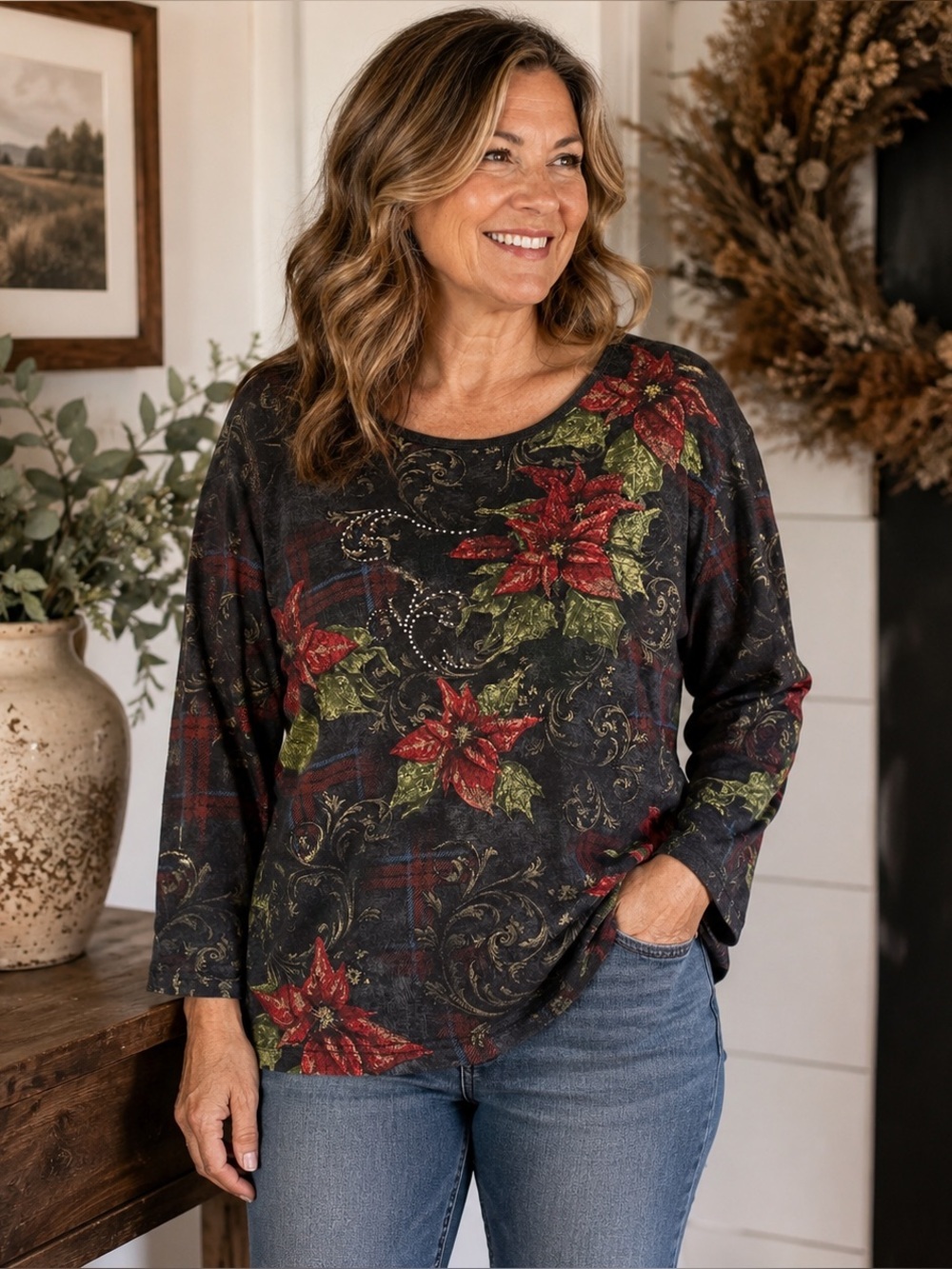 Christmas Poinsettia Floral Top Women’s XL 3/4 Sleeve Holiday Plaid Blouse